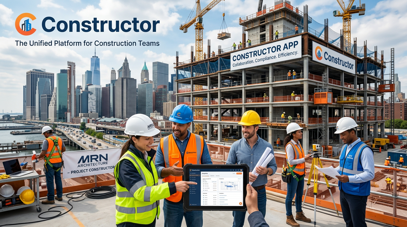 Equipa de profissionais numa obra, com tablet e identificação Constructor — imagem original do Emergent